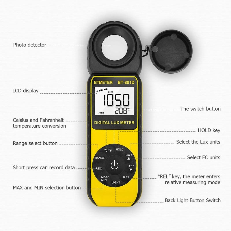 BTMETER BT-881D Digital Illuminance Light Meter, Measure Lights 0.01~400,000 Lux (0.01~40,000 FC) Foot Candles Luxmeter with 270Âº Rotated Sensor for Plants LED Lights Indoor Outdoor Light Tester - Image 4